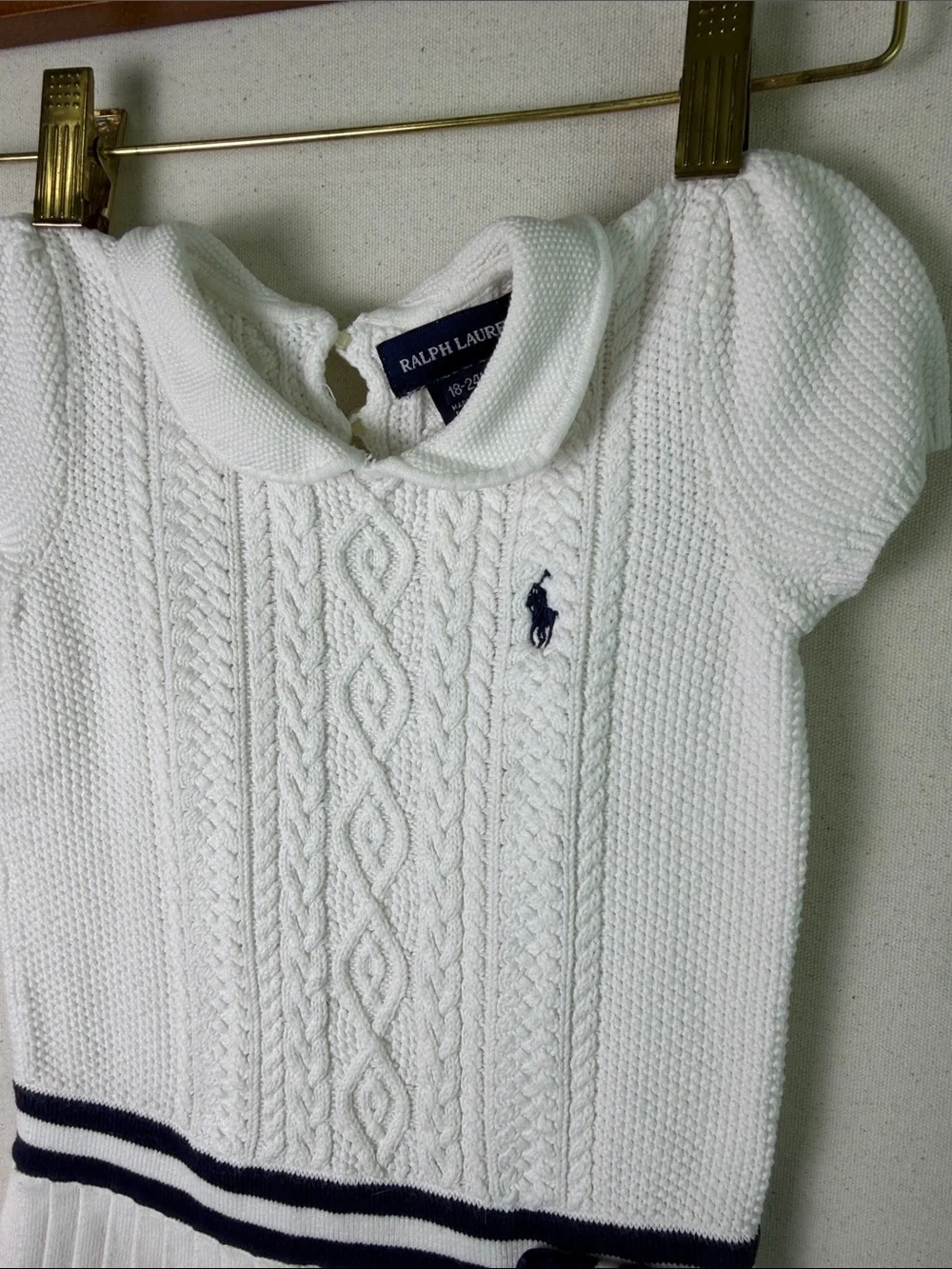Baby Girl Ralph Lauren White Cable Knit Polo Dress with Navy Stripes